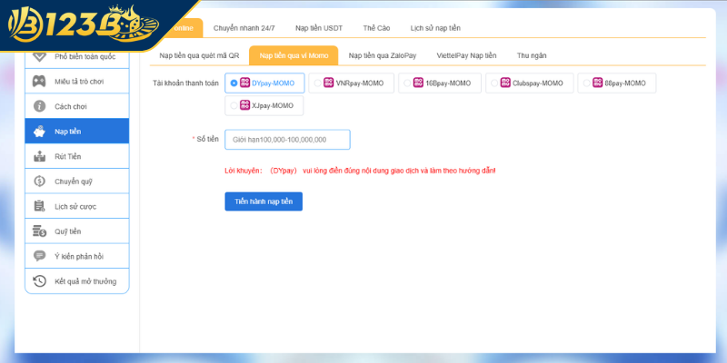 Nạp tiền 123B thông qua ví điện tử