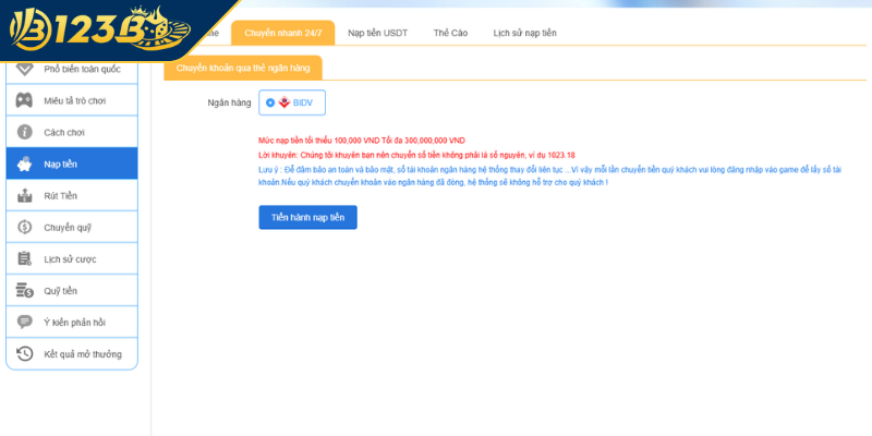 Nạp tiền qua chuyển khoản nhanh chóng