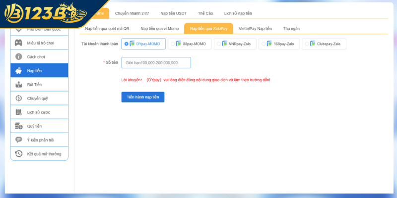Những điều cần lưu ý khi nạp tiền nhà cái 123B tránh gây lỗi